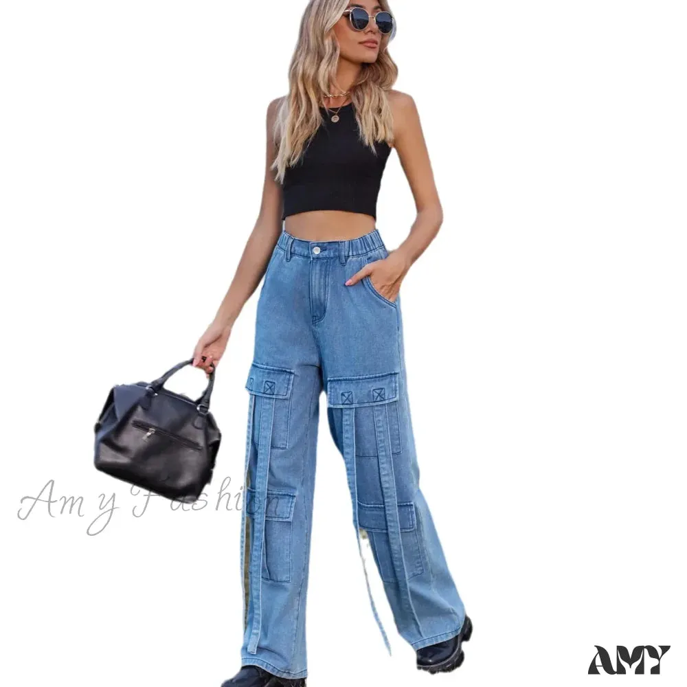 Amy Fashion - 90s Streetwear Blue Cargo Casual Big Pockets Overalls High Waist Straight Denim Jean