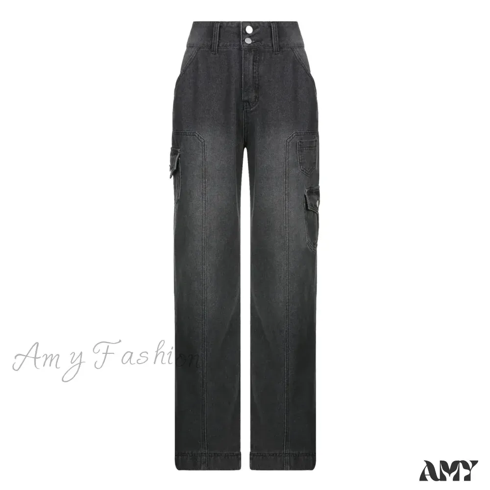 Amy Fashion - Fashion Streetwear Women Denim Trouser Loose Cargo Korean Autumn Winter Pockets Patchwork Baggy Jean