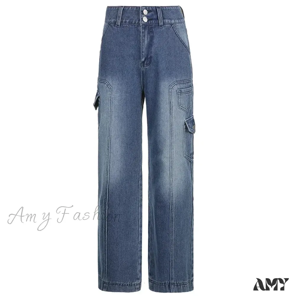 Amy Fashion - Fashion Streetwear Women Denim Trouser Loose Cargo Korean Autumn Winter Pockets Patchwork Baggy Jean