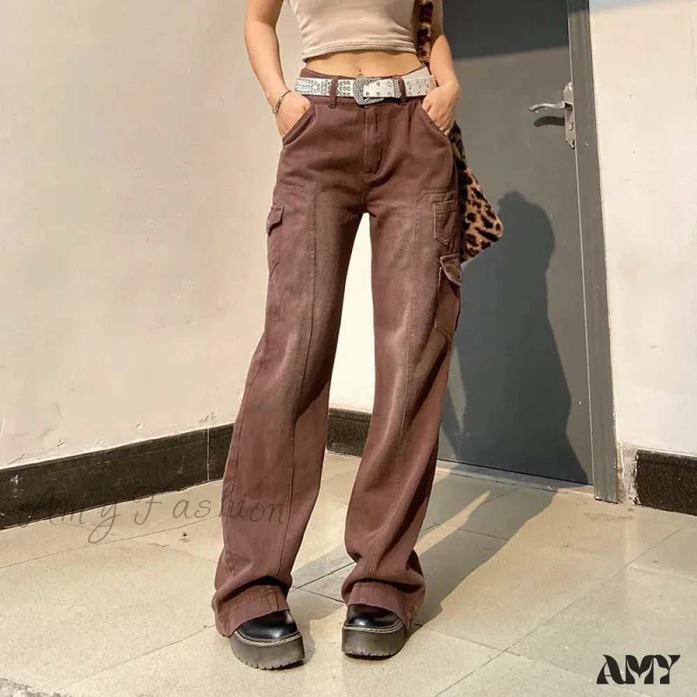 Amy Fashion - Fashion Streetwear Women Denim Trouser Loose Cargo Korean Autumn Winter Pockets Patchwork Baggy Jean