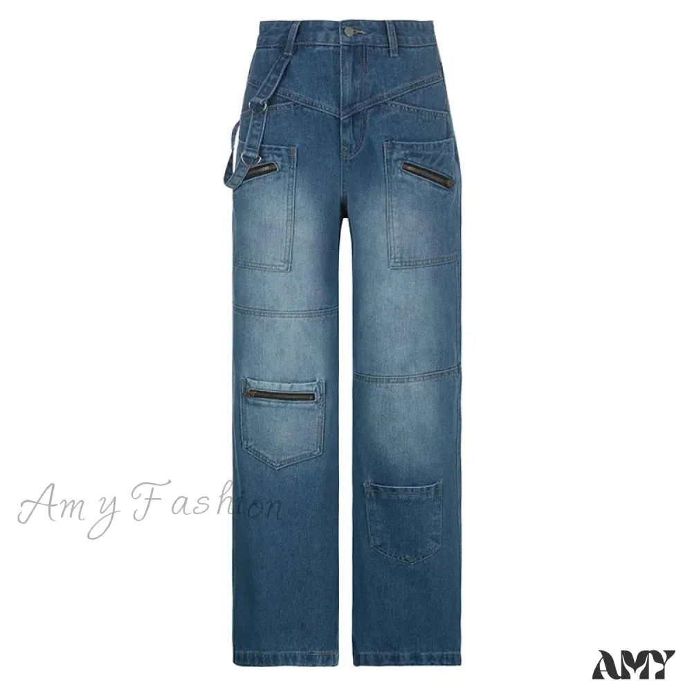 Amy Fashion - Fashion Streetwear Women Denim Trouser Loose Cargo Korean Autumn Winter Pockets Patchwork Baggy Jean