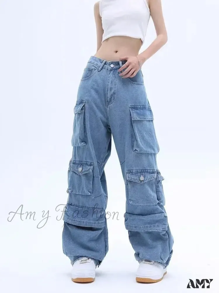 Amy Fashion - Multi-Pocket Washed Cargo New Heavy Industry Y2K Vintage Streetwear Loose Oversized Straight-Leg Jean