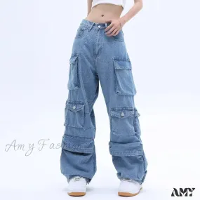 Amy Fashion - Multi-Pocket Washed Cargo New Heavy Industry Y2K Vintage Streetwear Loose Oversized Straight-Leg Jean