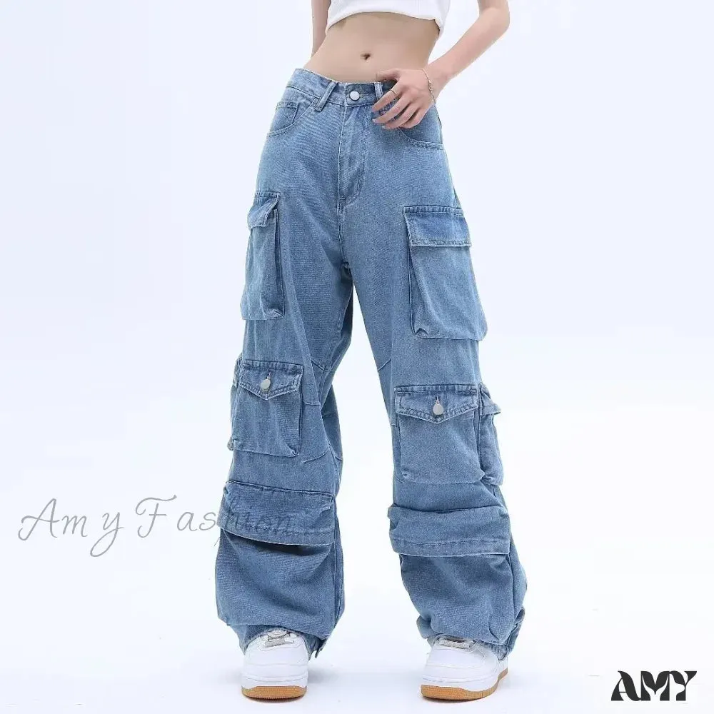 Amy Fashion - Multi-Pocket Washed Cargo New Heavy Industry Y2K Vintage Streetwear Loose Oversized Straight-Leg Jean