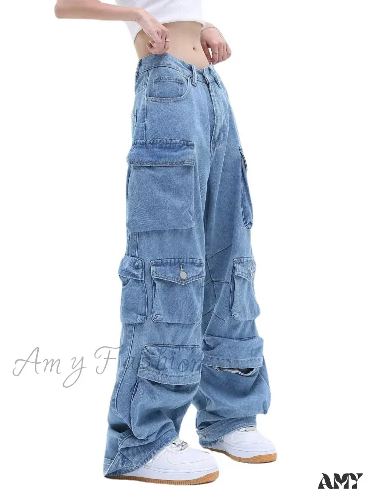 Amy Fashion - Multi-Pocket Washed Cargo New Heavy Industry Y2K Vintage Streetwear Loose Oversized Straight-Leg Jean