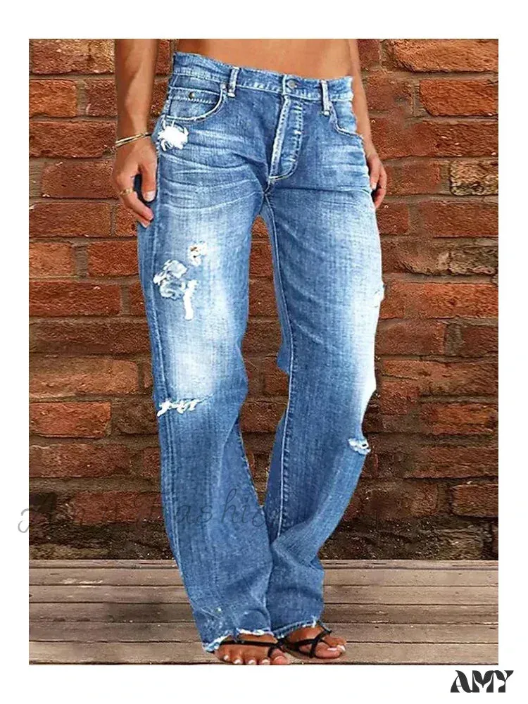 Amy Fashion - Vintage Middle-Waist Ripped Straight Blue Wide-Leg Denim Jean