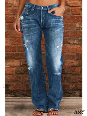 Amy Fashion - Vintage Middle-Waist Ripped Straight Blue Wide-Leg Denim Jean