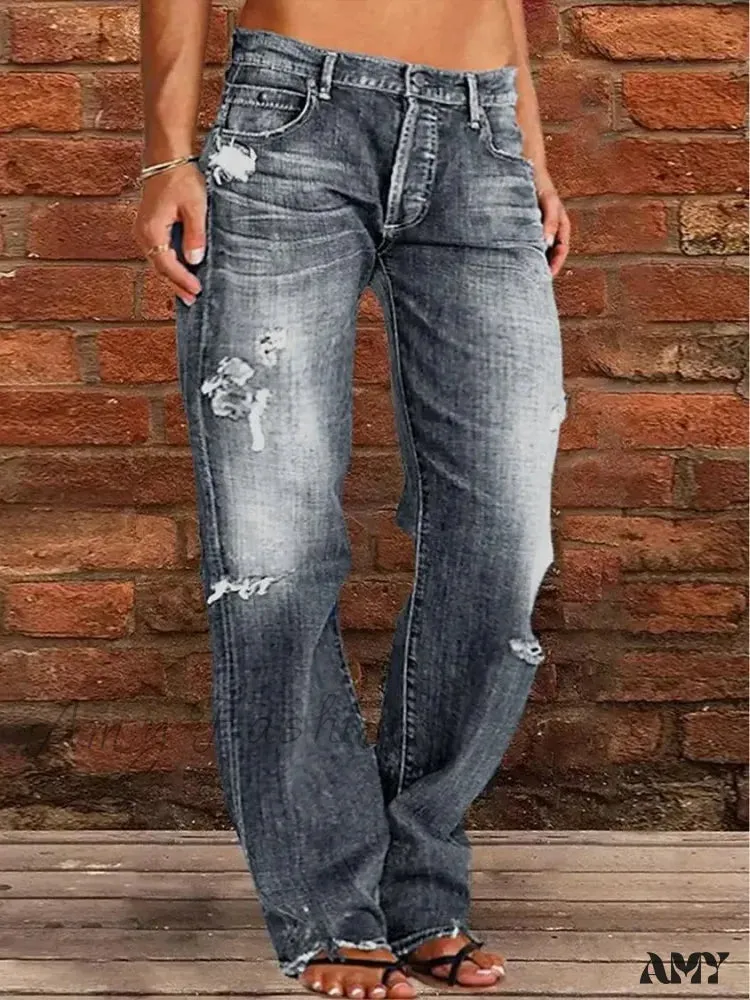 Amy Fashion - Vintage Middle-Waist Ripped Straight Blue Wide-Leg Denim Jean