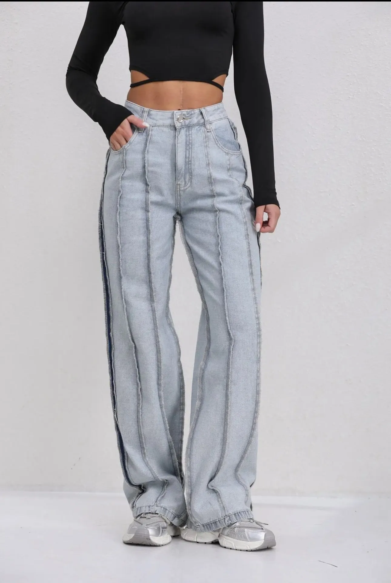 Angela denim frayed stripe wide leg jeans