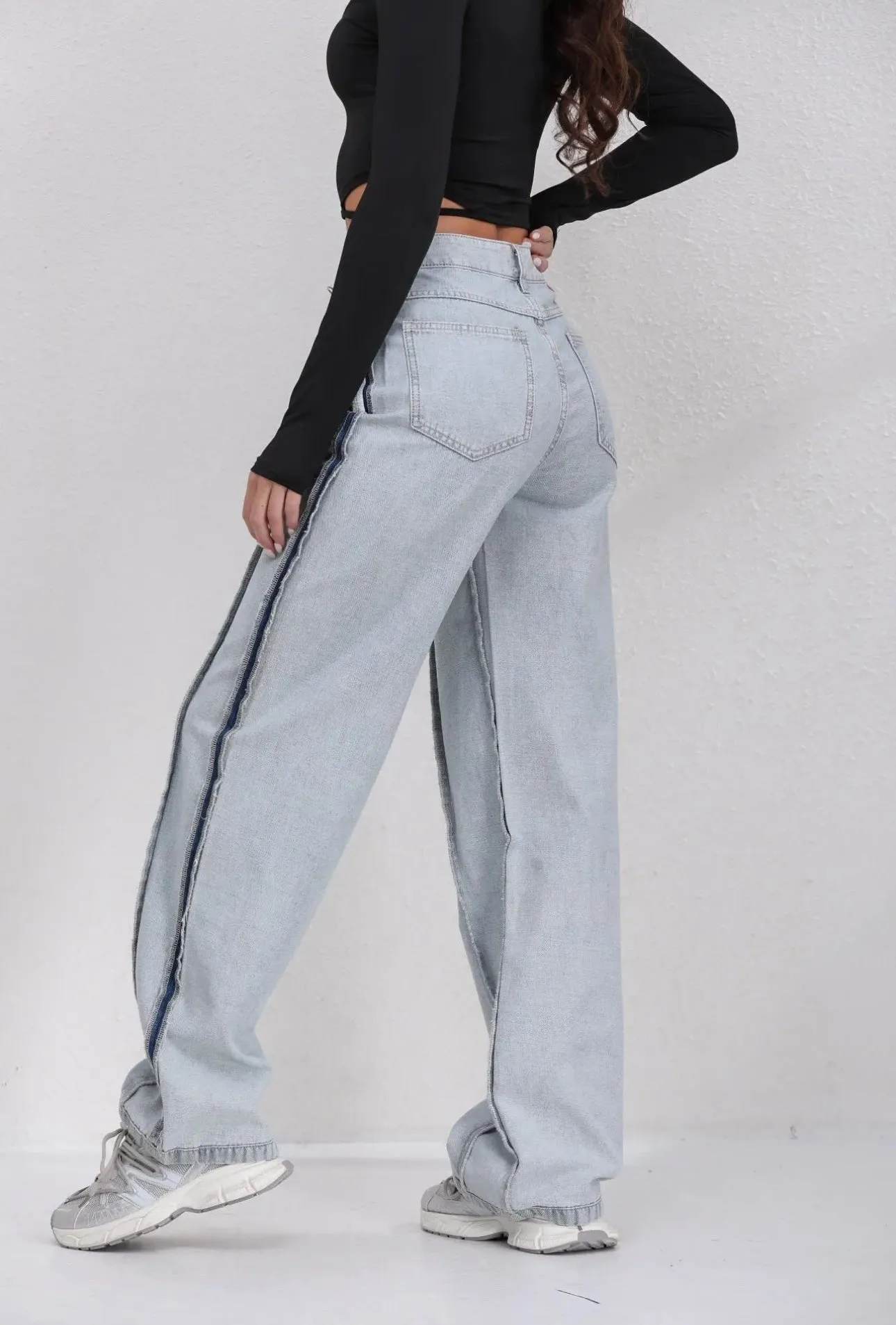 Angela denim frayed stripe wide leg jeans