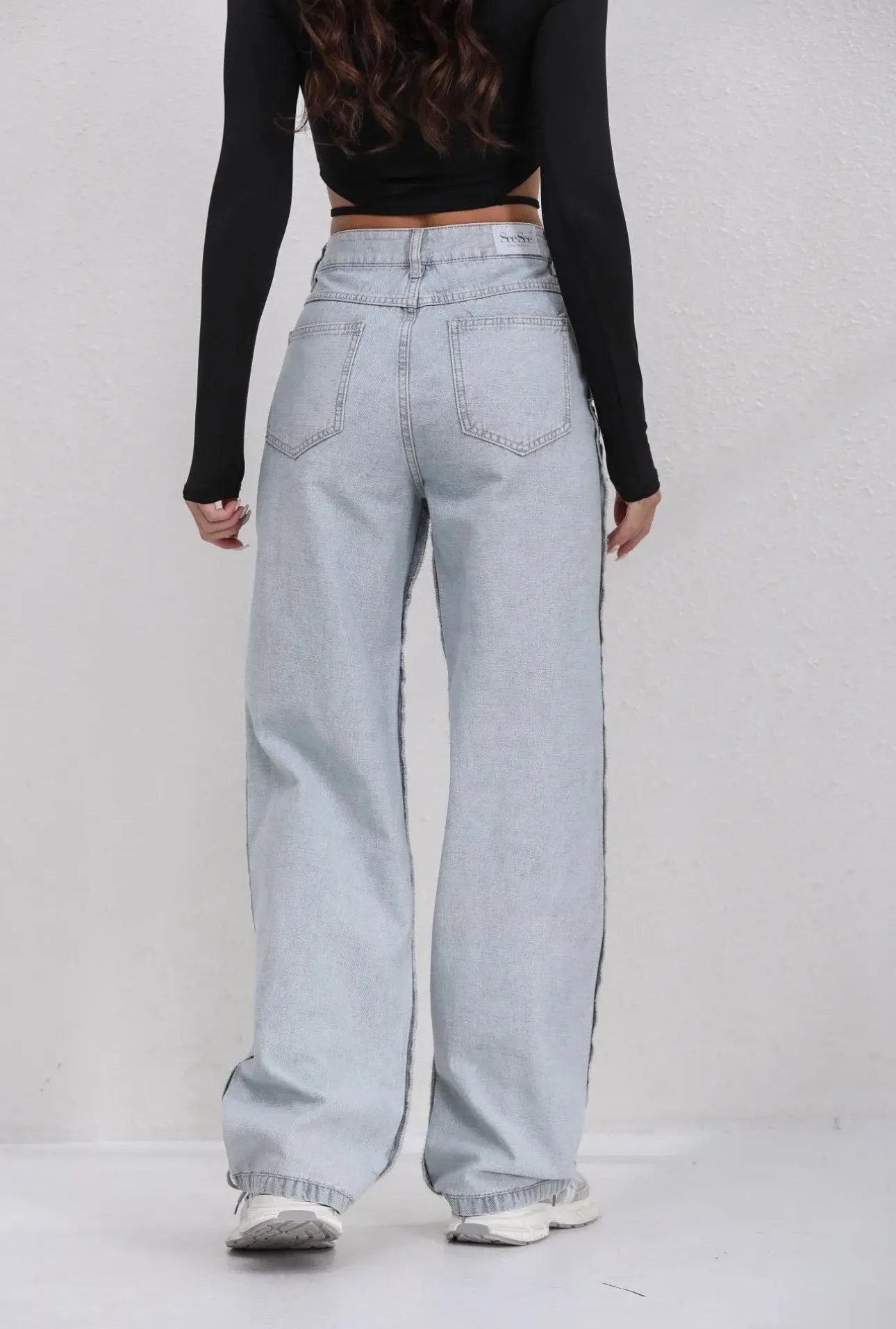 Angela denim frayed stripe wide leg jeans