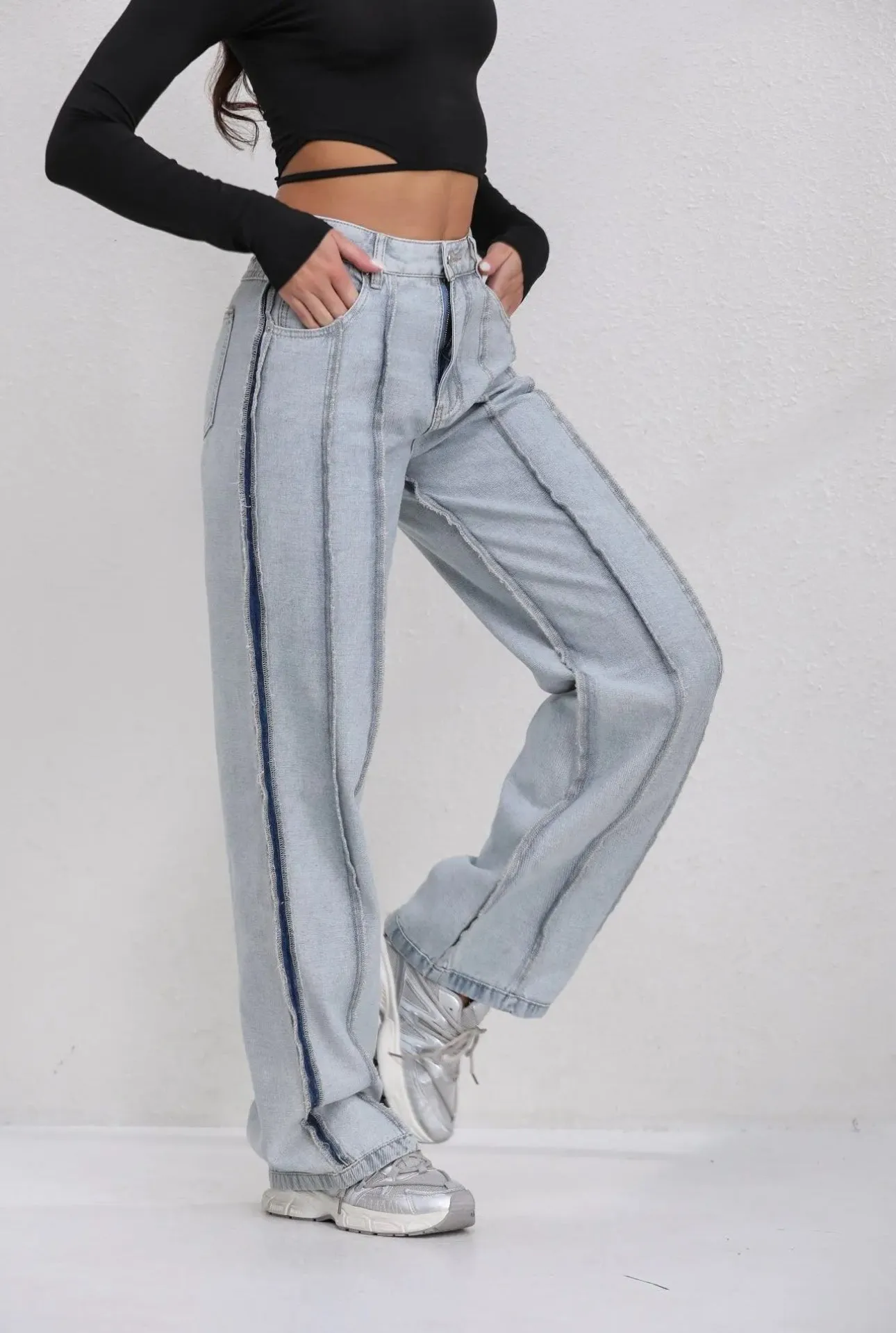 Angela denim frayed stripe wide leg jeans