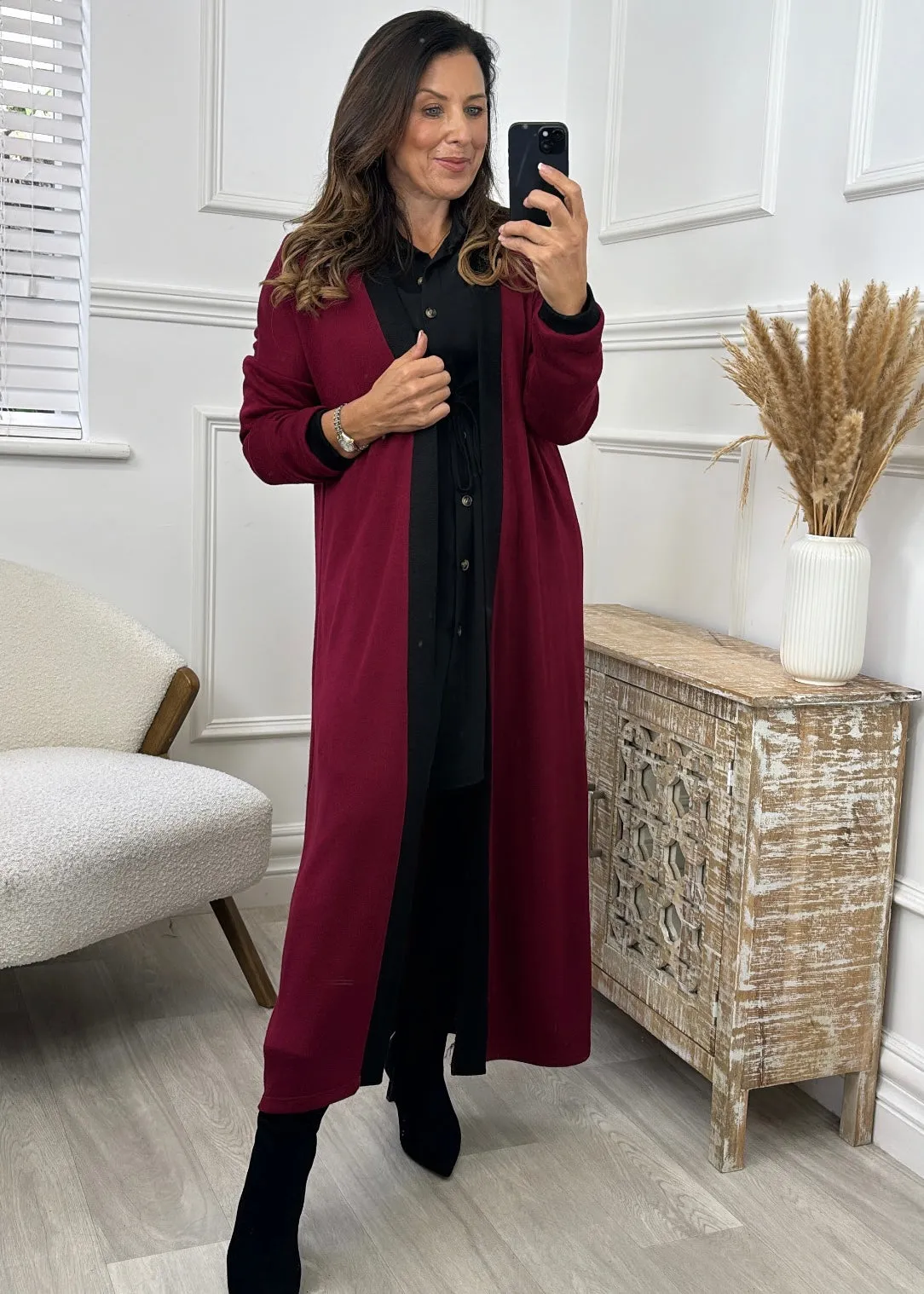 Avah Wine Contrast Trim Cardigan