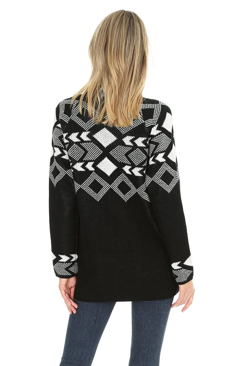 Black and White Jacquard Open Cardigan