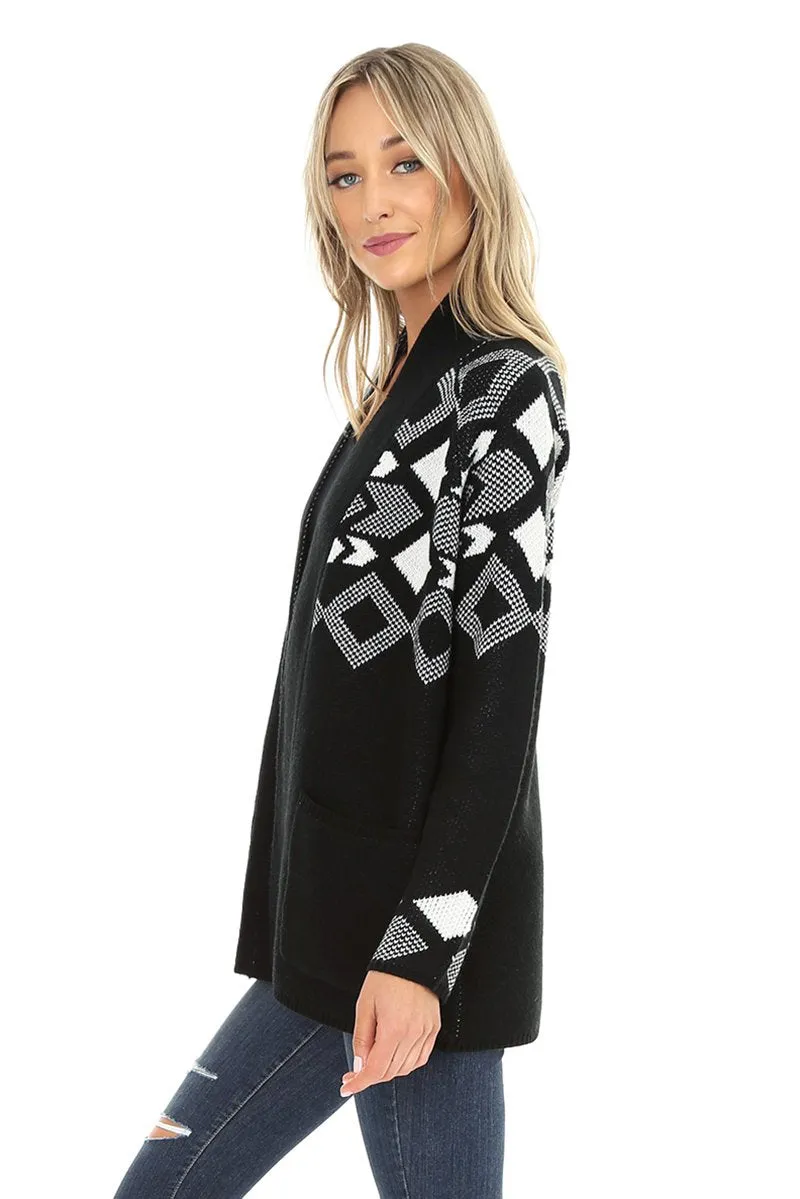 Black and White Jacquard Open Cardigan