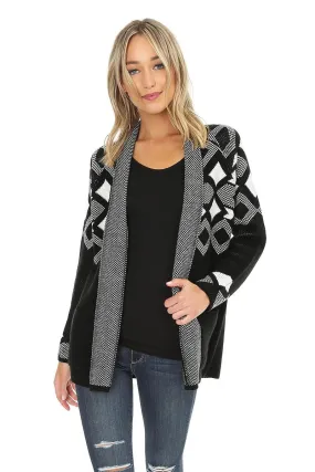 Black and White Jacquard Open Cardigan