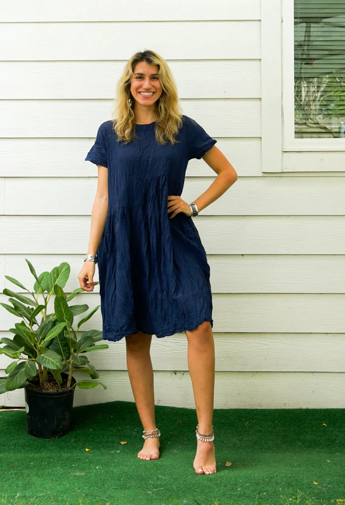 Blue Raw Natural Crinkled Cotton Midi Dress with Pocket