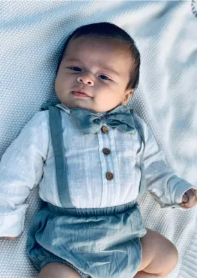 Boys Infant One-Piece Full Sleeves Romper With Attached Bow-Tie - Teal