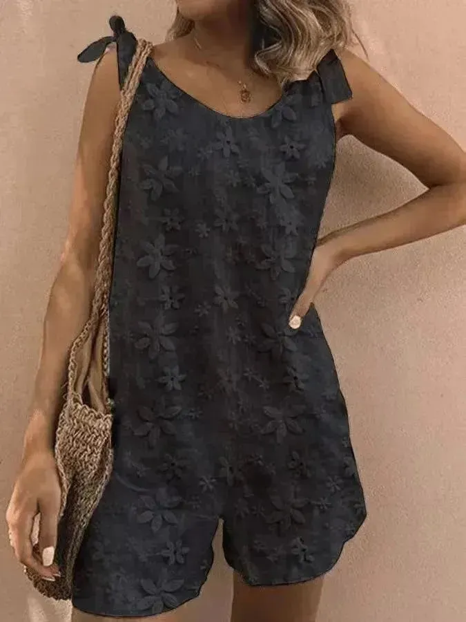 Casual And Sweet Lace Bow Shoulder Strap Jumpsuit