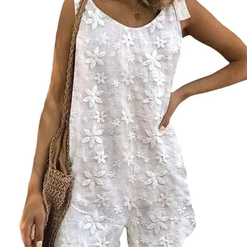 Casual And Sweet Lace Bow Shoulder Strap Jumpsuit