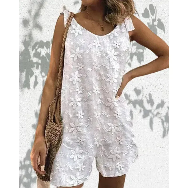 Casual And Sweet Lace Bow Shoulder Strap Jumpsuit