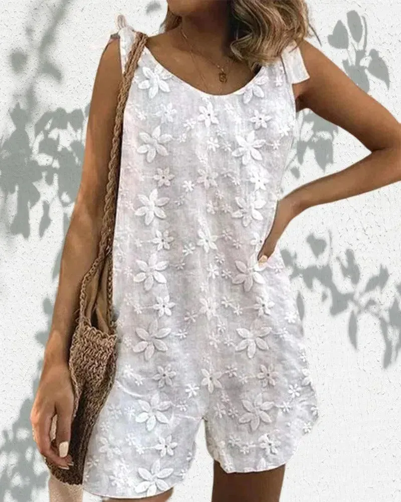 Casual And Sweet Lace Bow Shoulder Strap Jumpsuit