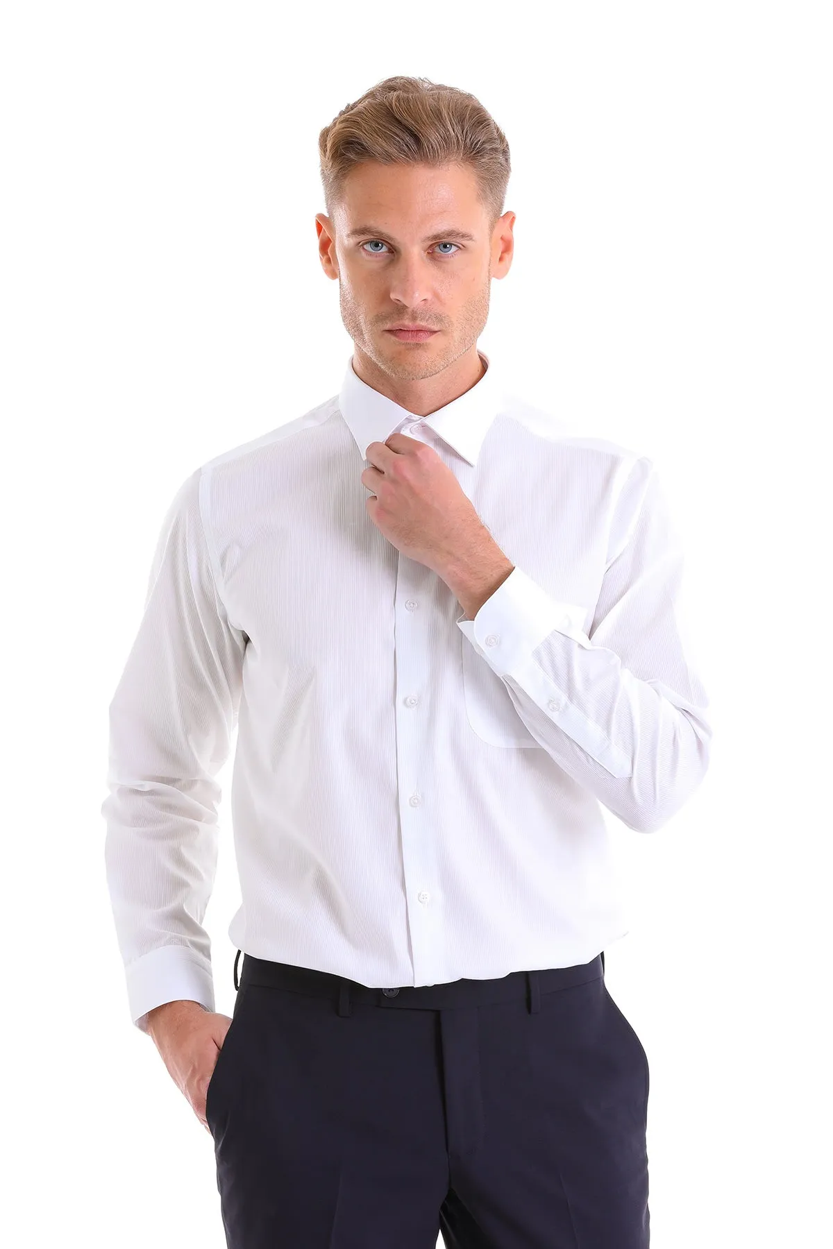 Classic Fit Long Sleeve Patterned Cotton Dress Shirt, White D.