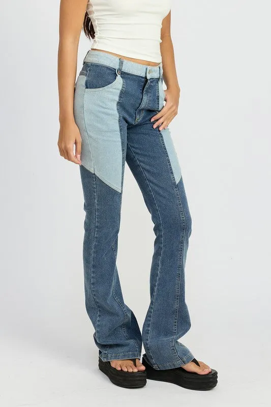 COLOR BLOCK WIDE LEG SKINNY JEANS PANTS KESLEY Jeans with patches