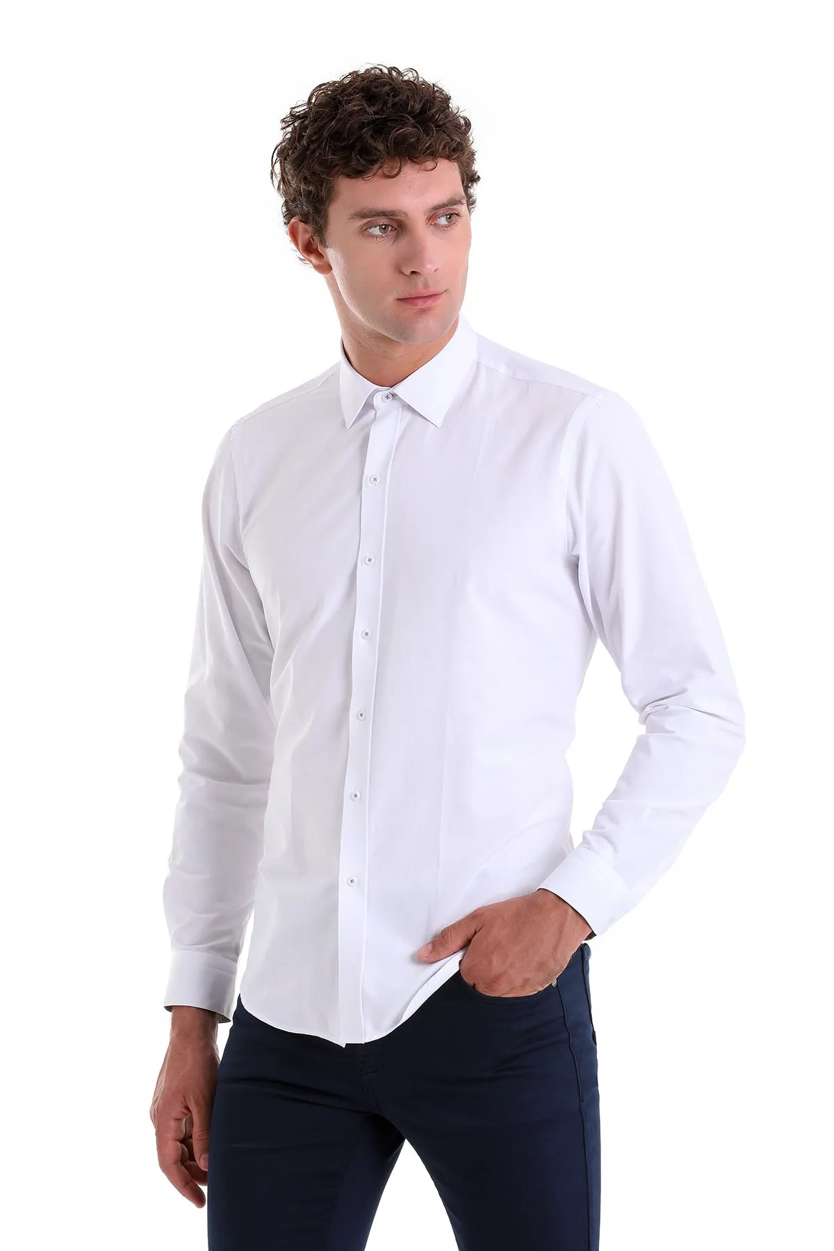 Comfort Fit Long Sleeve Cotton Blend White Dress Shirt