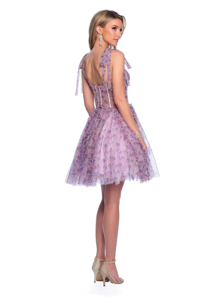 Dave & Johnny 11752 Size 14 Purple Pleated Print Sheer Corset Homecoming Dress Floral Ruffle Skirt Gown