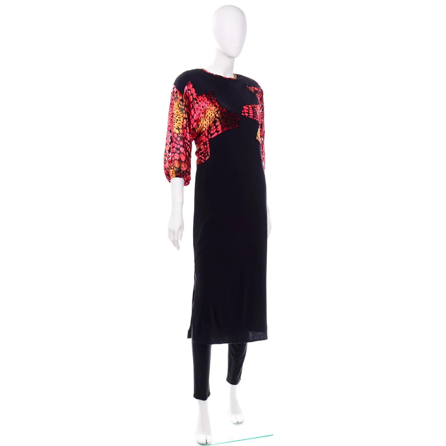 Diane Freis Vintage 2Pc Black Silk Jersey Dress & Pants Outfit w Burnout Velvet