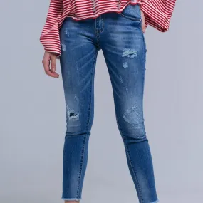 Distressed Skinny Jeans With Fringes