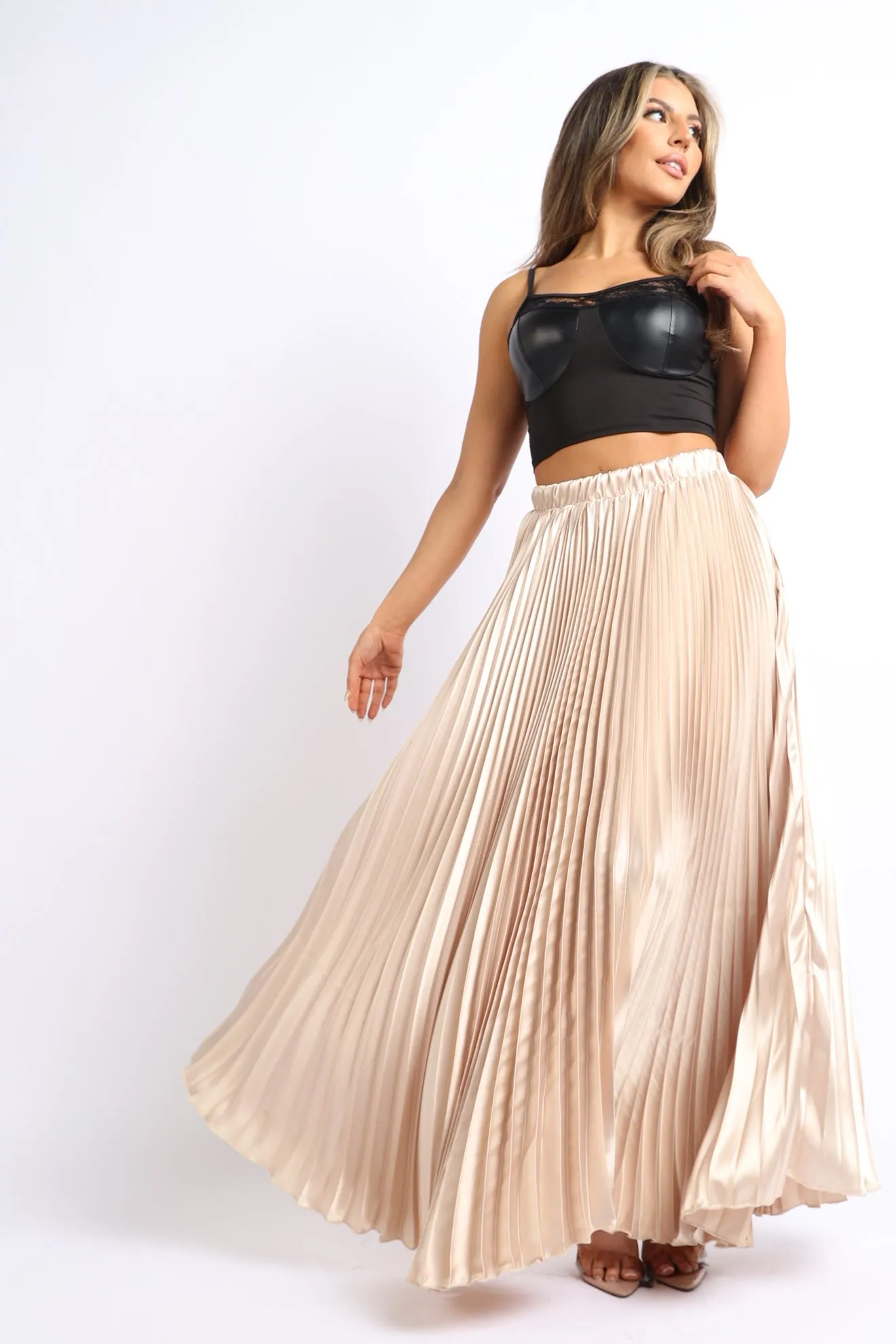 Elegant Pleated Satin Maxi Skirt with High Waist for Formal Events - TAUPE