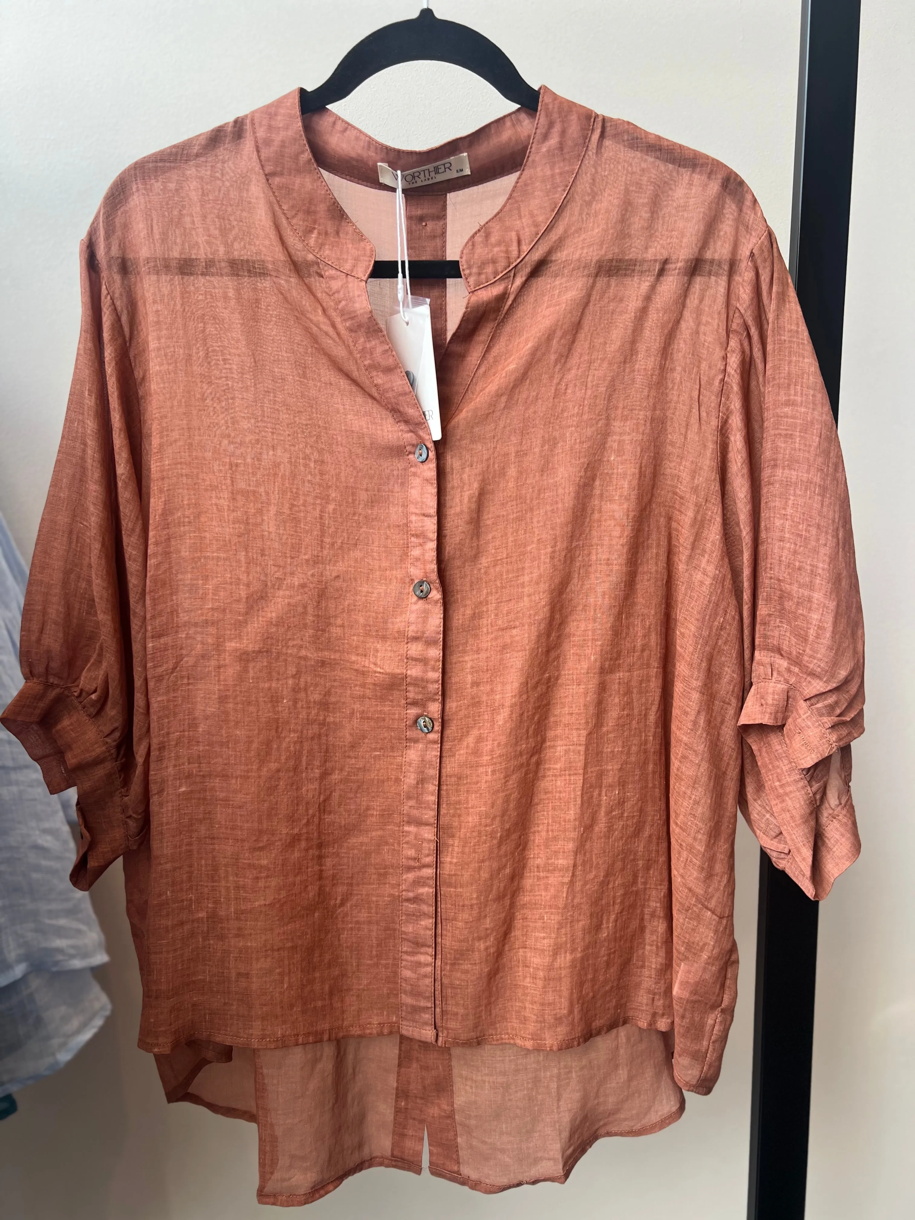 Fine Linen Shirt Travel Top  - Tobacco