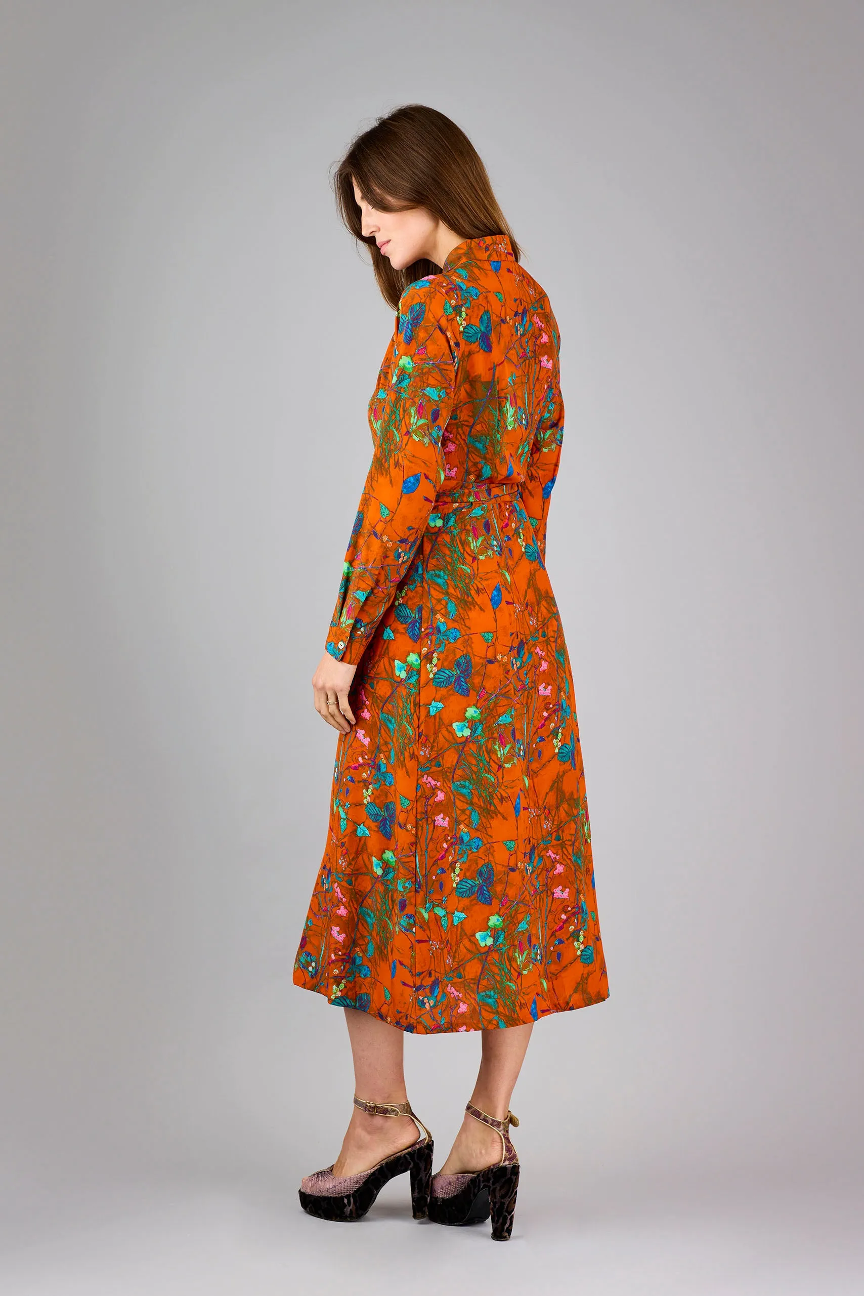 Gaia Scattered Leaves Scarlet Silk Crepe de Chine Midi Shirt Dress