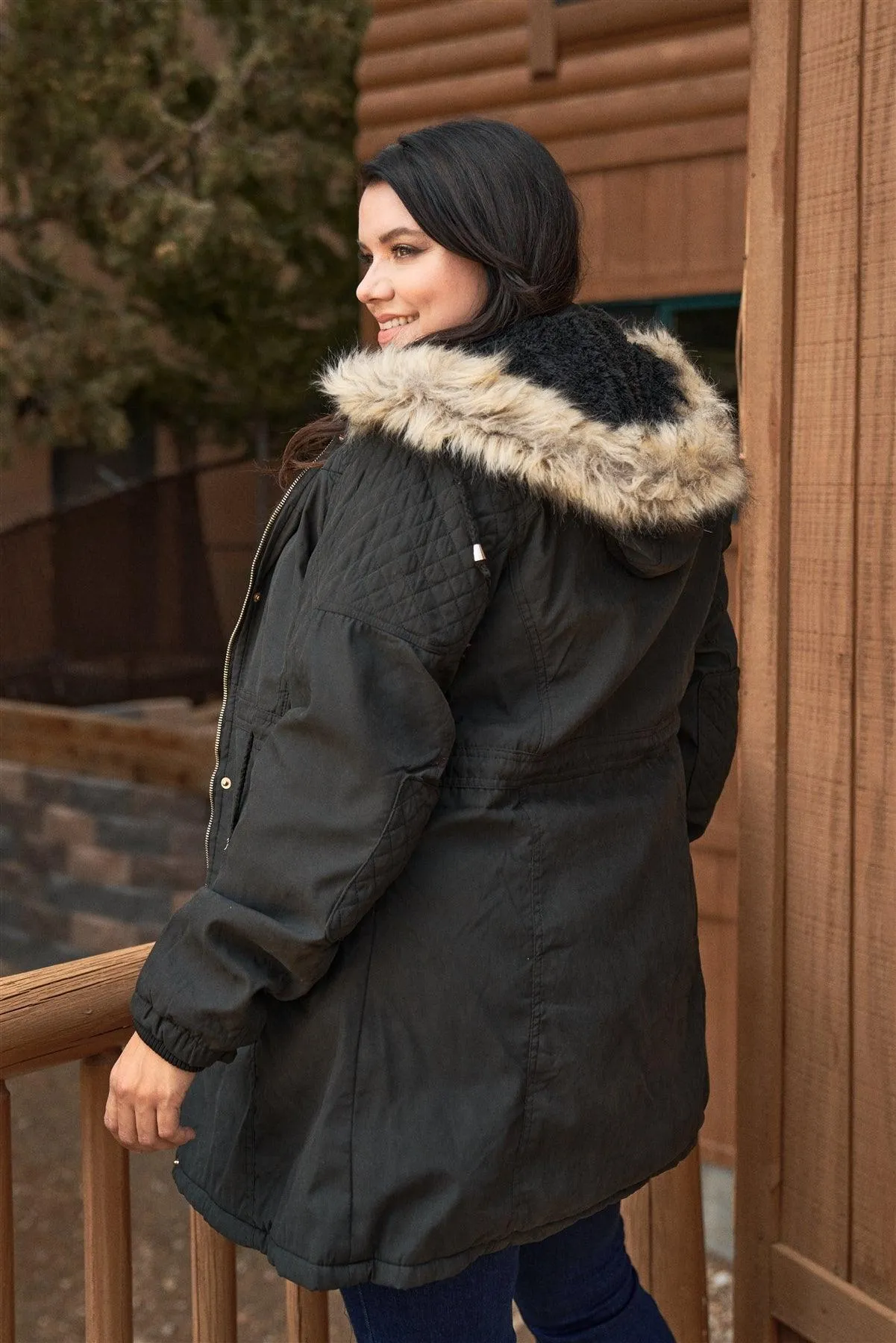 Junior Plus Size Charcoal Grey Quilted Detail Vegan Fur Cotton Twill Parka Jacket