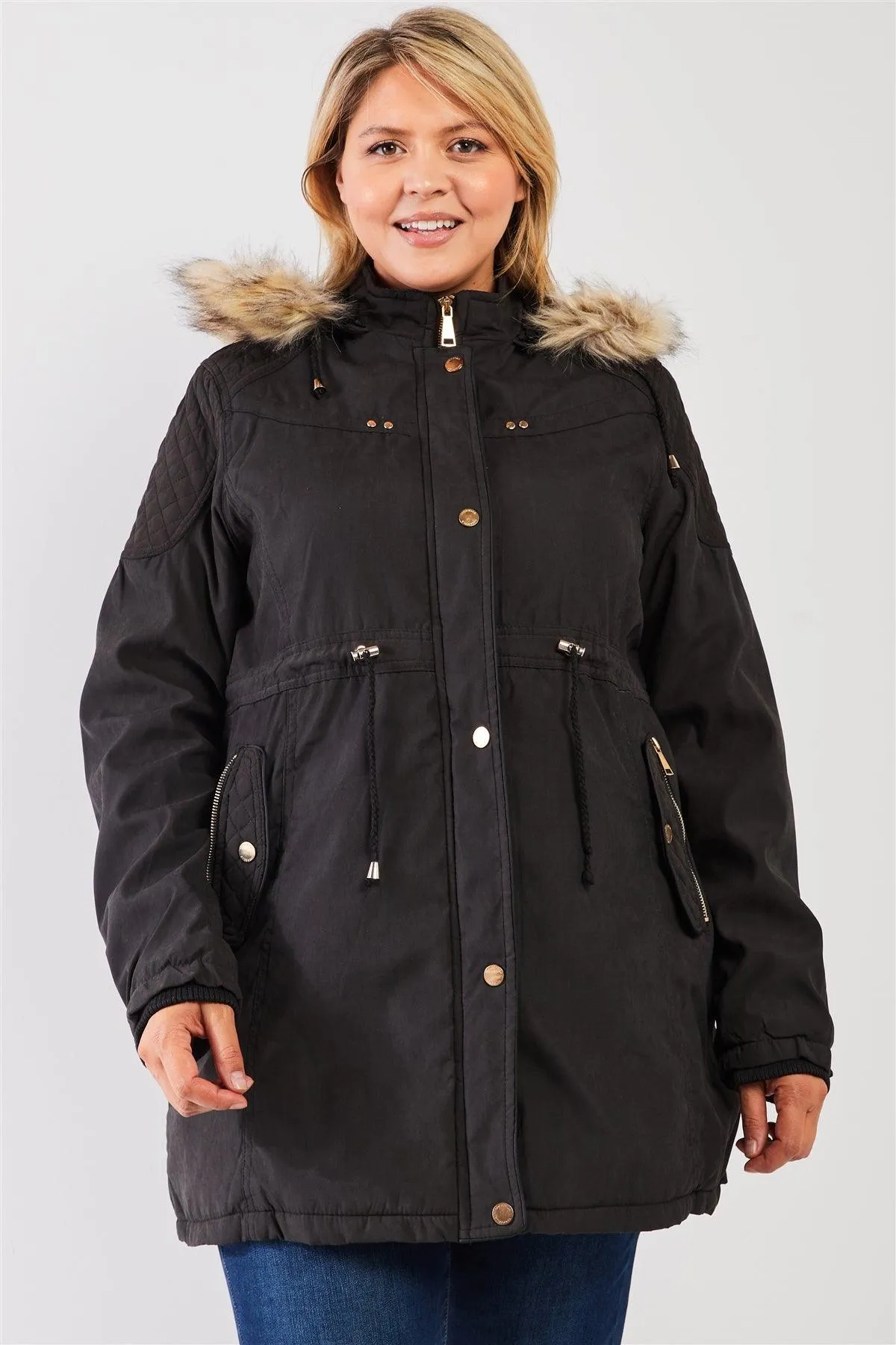 Junior Plus Size Charcoal Grey Quilted Detail Vegan Fur Cotton Twill Parka Jacket