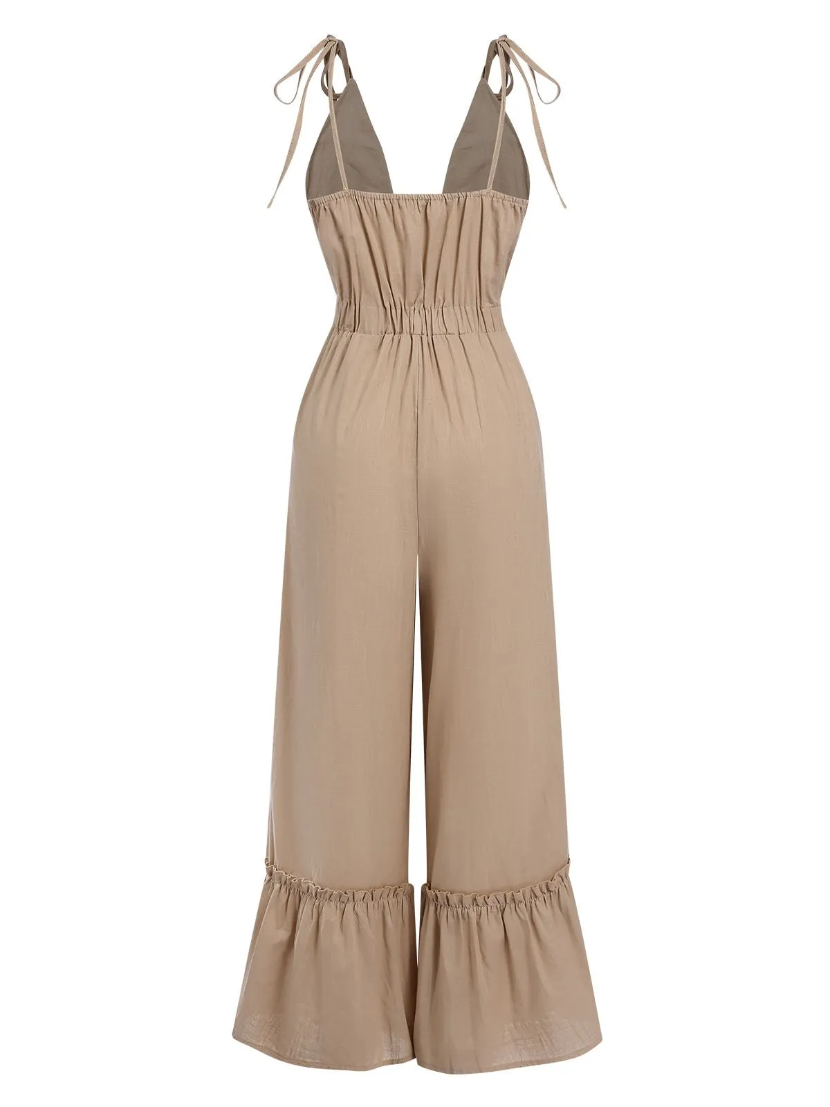 Khaki 1970s Cutout Ruffles Wide Leg Jumpsuit