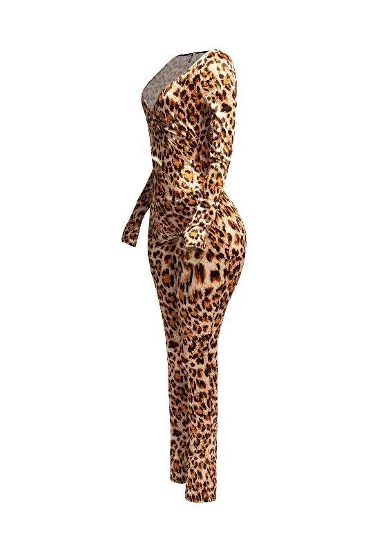 Leopard Deep V Neck Long Sleeve Jumpsuit