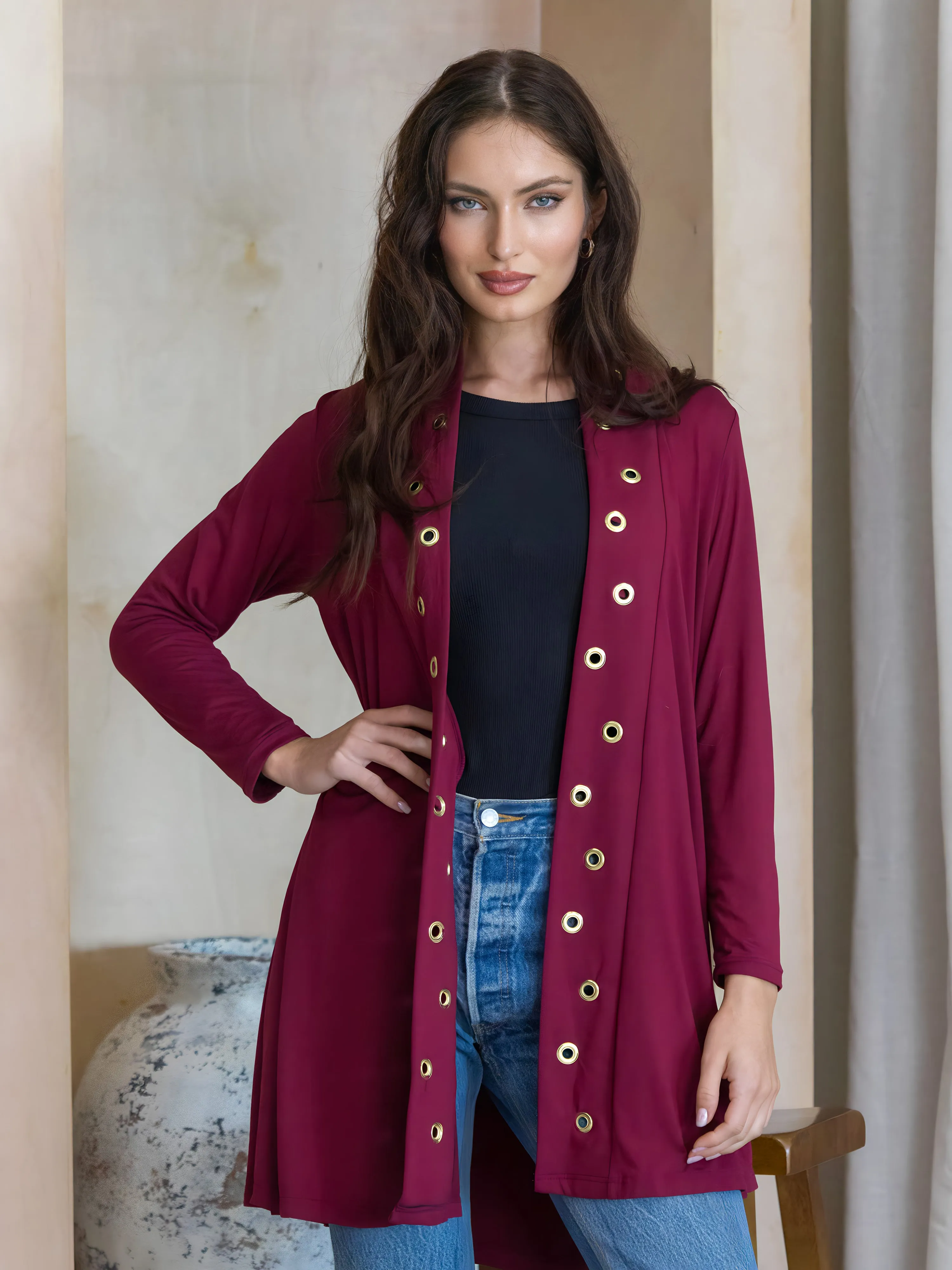 Long Sleeve Mid Thigh Open Front Cardigan with Grommet Details