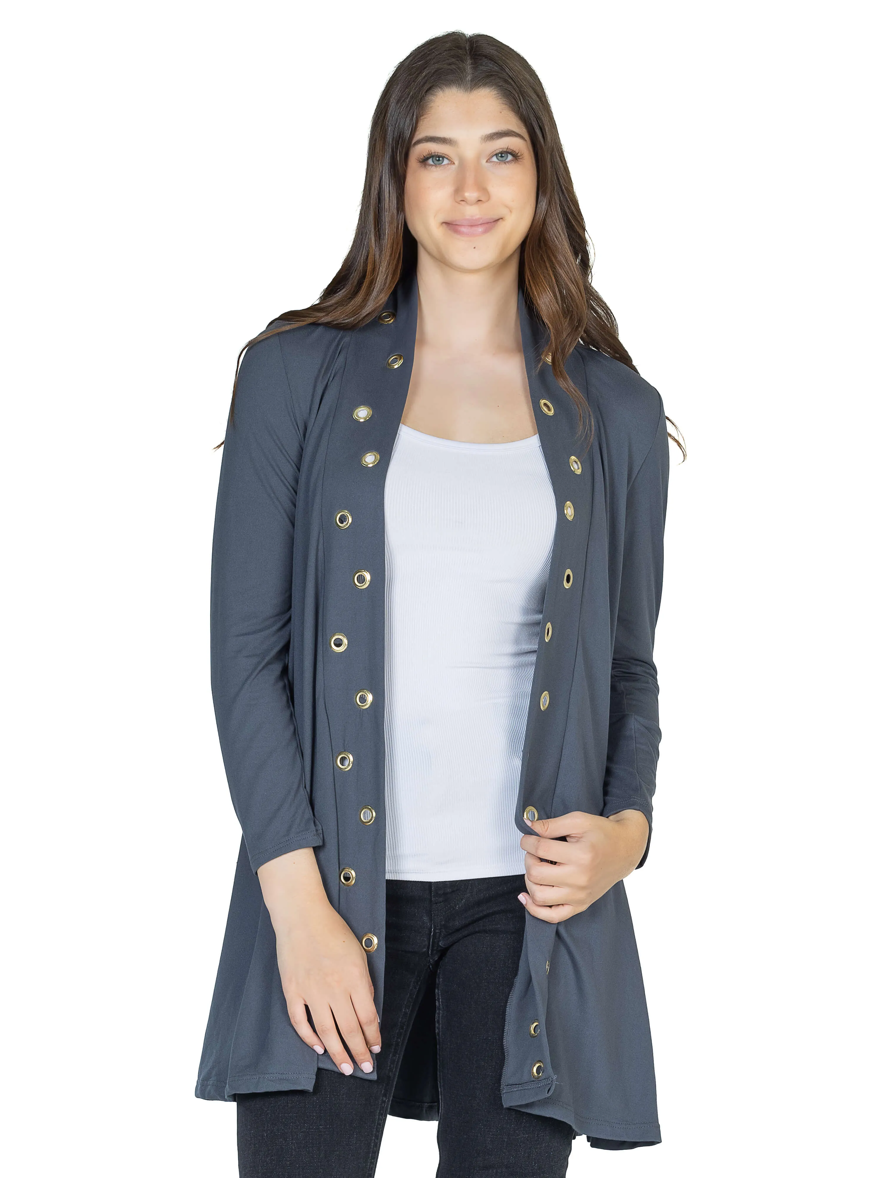 Long Sleeve Mid Thigh Open Front Cardigan with Grommet Details