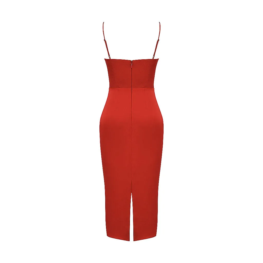 Luxury Square Neck Spaghetti Strap Satin Slip Midi Dress - Red