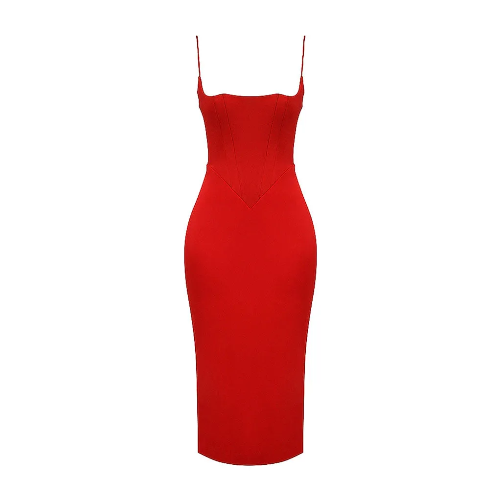 Luxury Square Neck Spaghetti Strap Satin Slip Midi Dress - Red