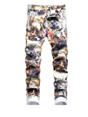 Men's Print Jeans - Men Painting Print Angel Immortal Stretch Streetwear Printed Slim Tapered Denim Jeans