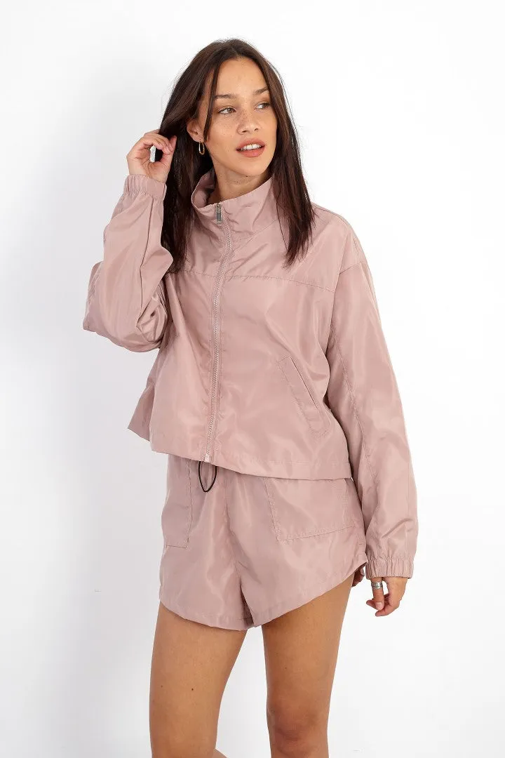 MOCHA HIGH NECK ZIP THROUGH WINDRUNNER JACKET