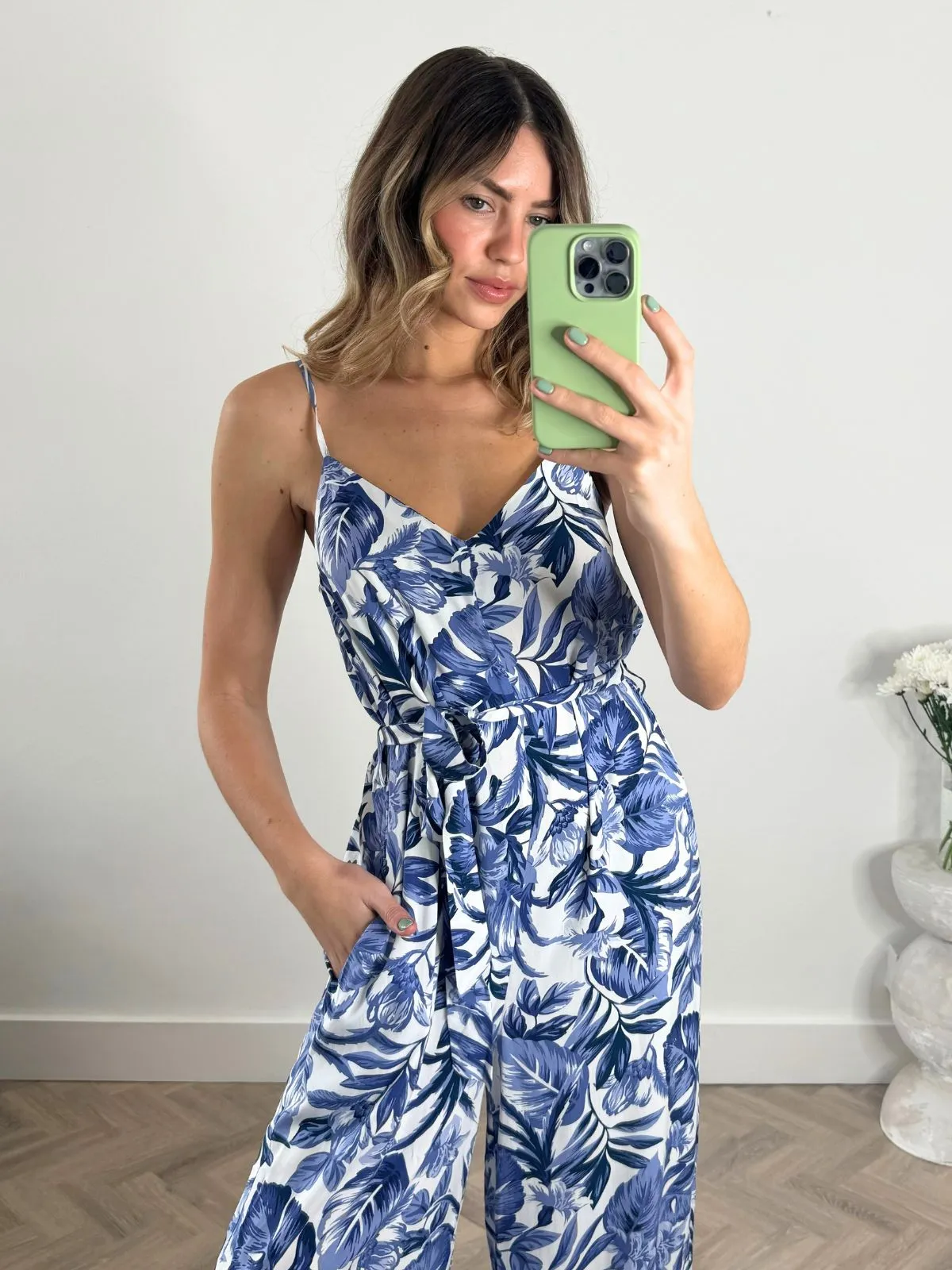 Nadia Strappy Wide Leg Jumpsuit in Blue Palm Print