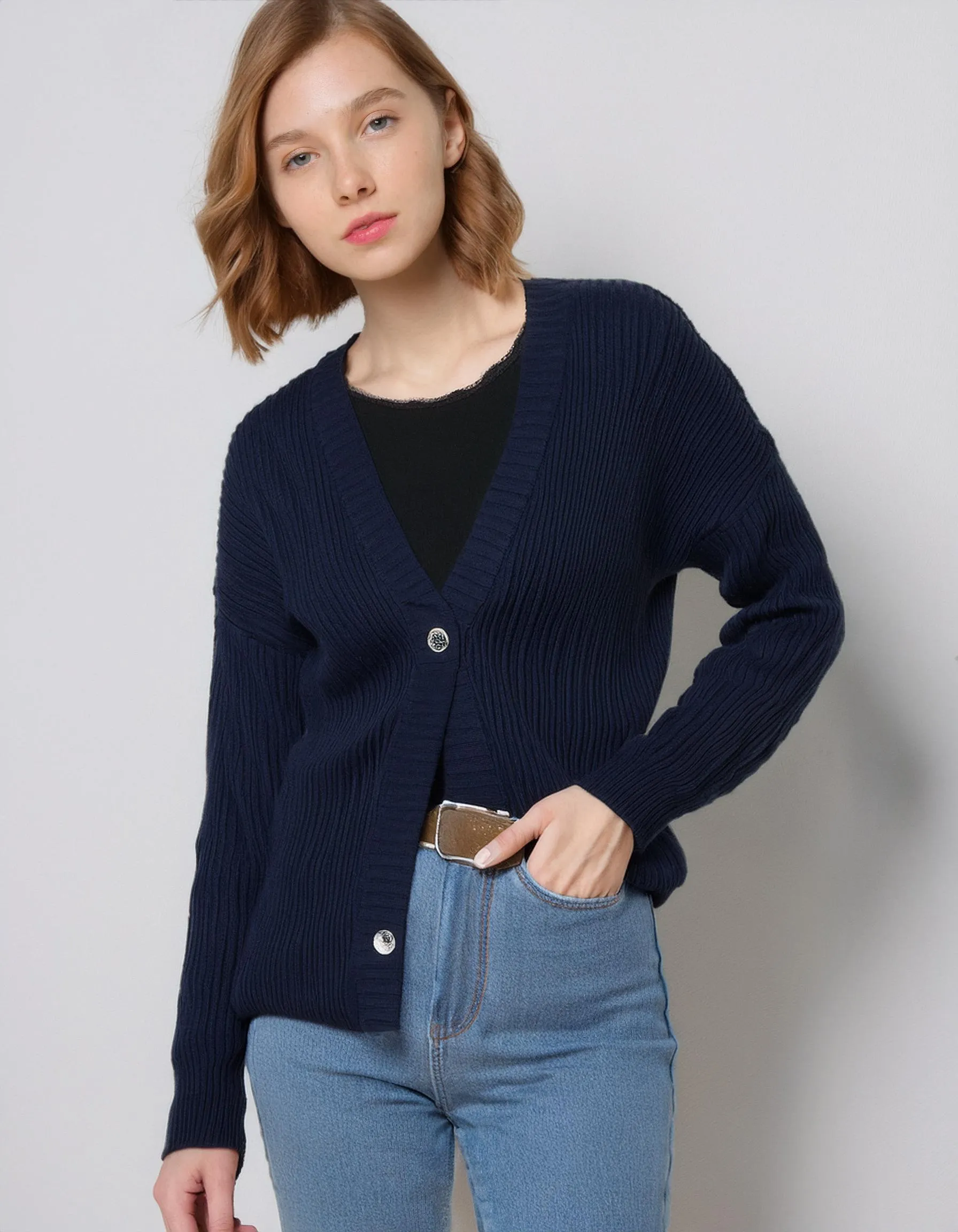 Navy Blue Crew Neck Cardigan