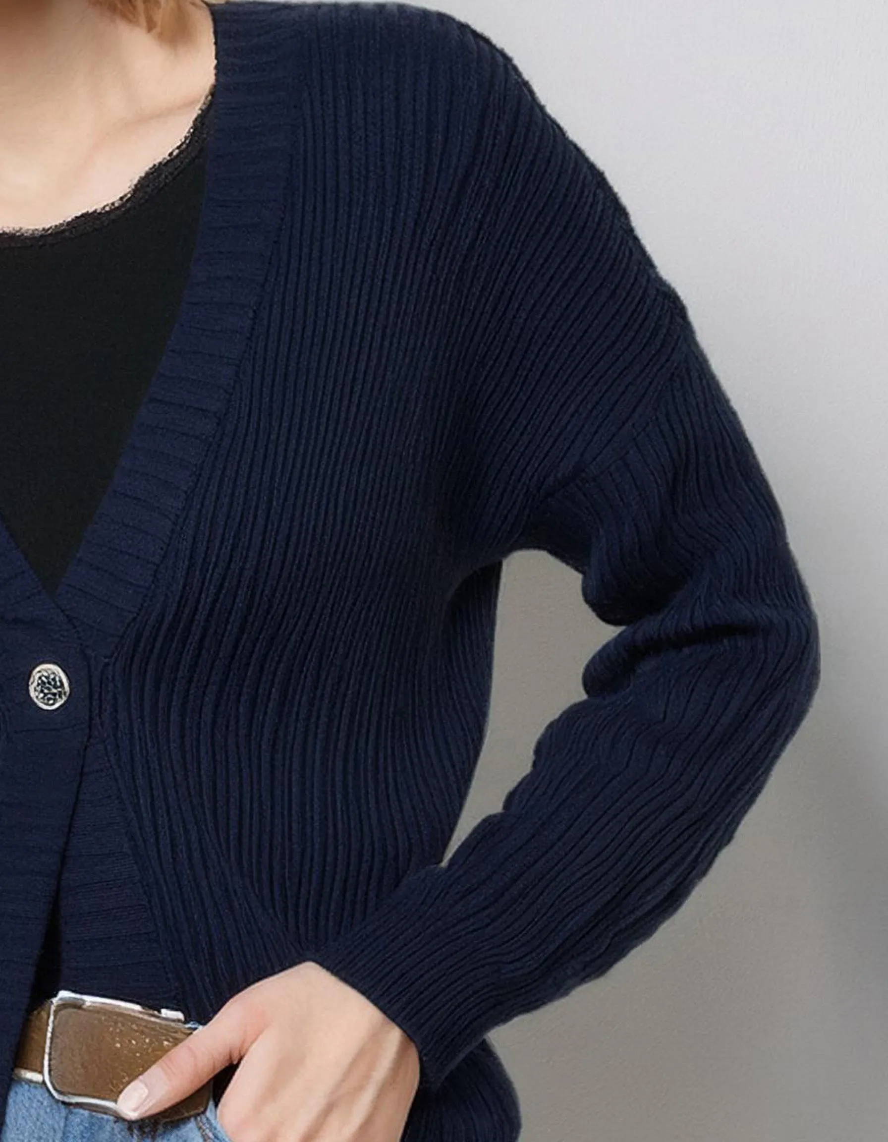 Navy Blue Crew Neck Cardigan