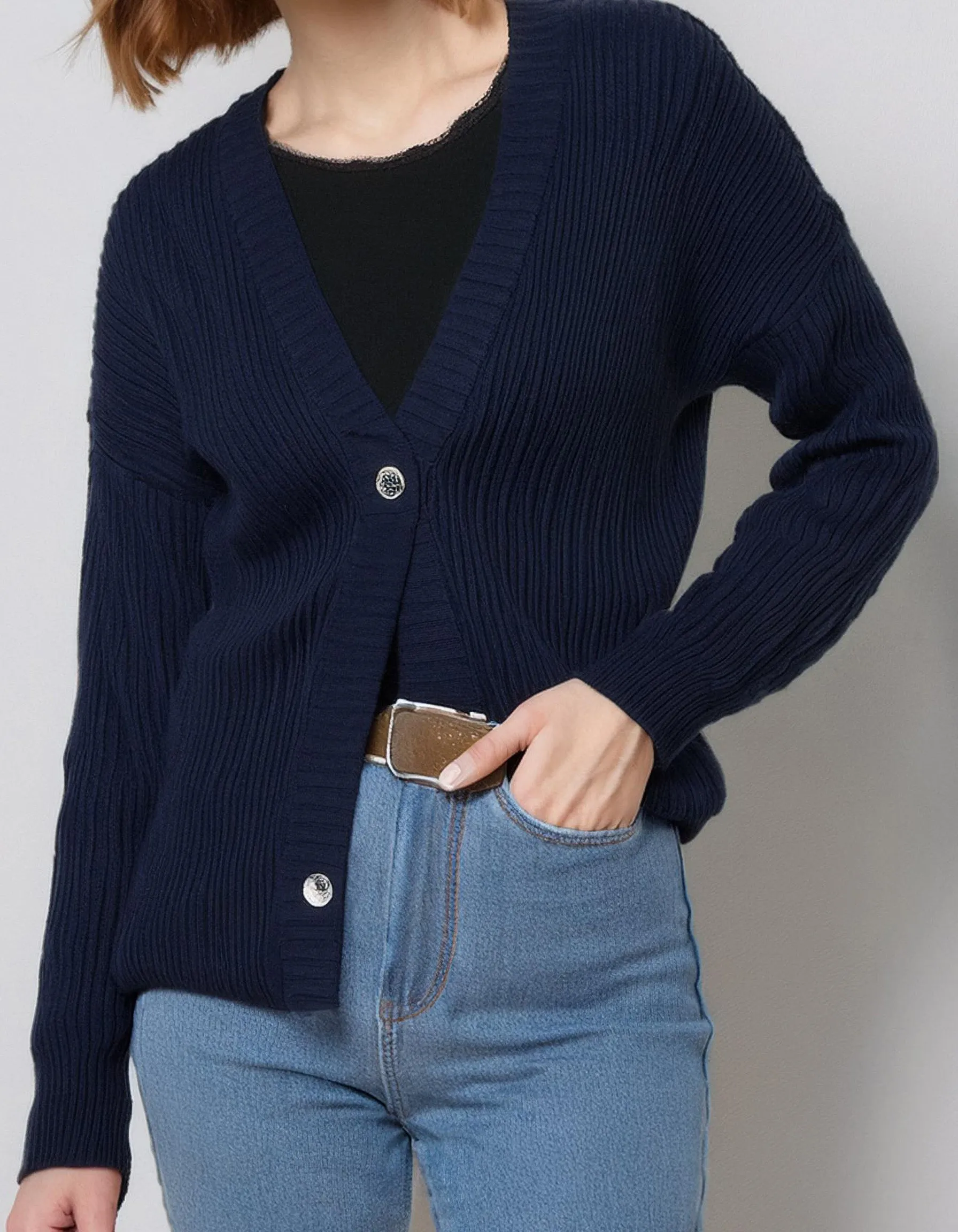 Navy Blue Crew Neck Cardigan