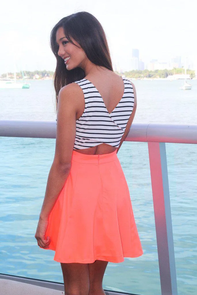 Neon Coral Short Dress With Criss-Cross Back